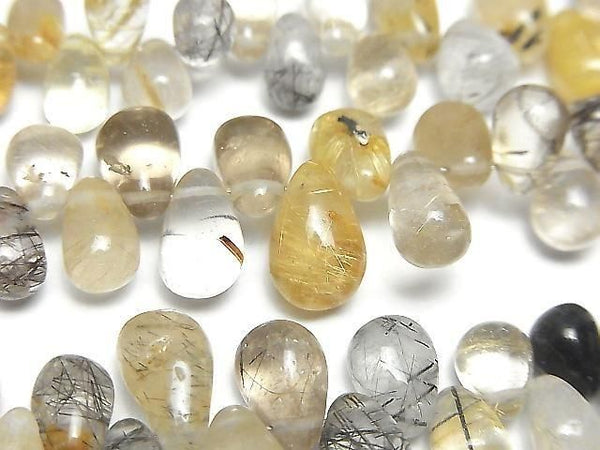[Video] High Quality Rutilated Quartz xTourmaline Quartz AA++ Drop (Smooth) Half or 1 Strand Bead (approx. 7 inches/18 cm)