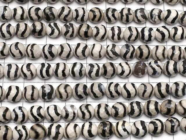 [Video] Black Line Carved Agate Faceted Round 8mm 1strand beads (approx. 14 inches/35 cm)