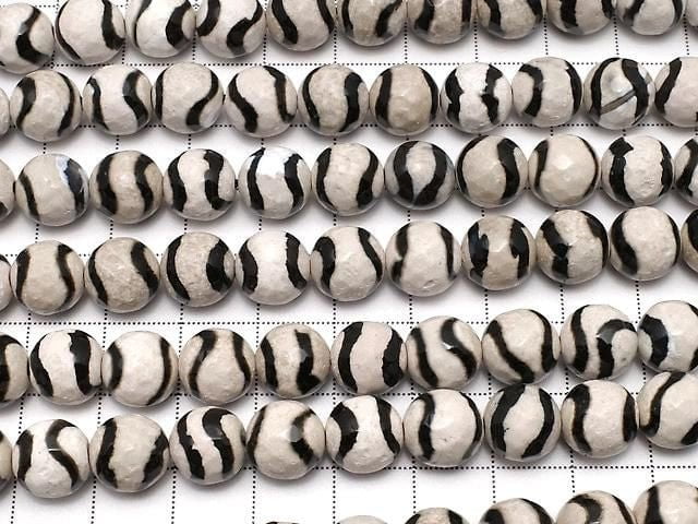 [Video] Black Line Carved Agate Faceted Round 10mm 1strand beads (approx. 14 inches/35 cm)
