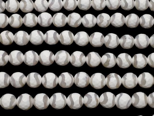 [Video] S-Shaped Line Carved White Agate Faceted Round 10mm 1strand Beads (approx. 14 inches/34 cm)