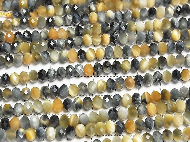 [Video] High Quality! Silver Blue & Golden Tiger's Eye AAA- Faceted Button Rondelle 6x6x4mm Half or 1strand Beads (approx. 15 inches/36 cm)
