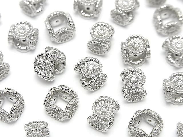 Metal Flower Rondelle 10x10x6.5mm (with CZ) Silver 2pcs