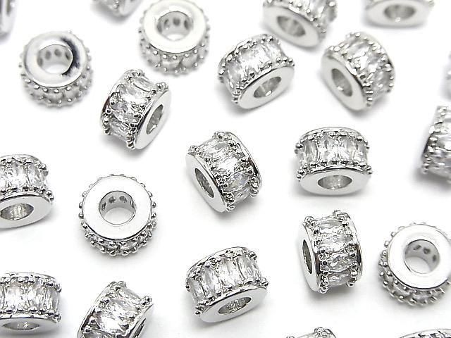Metal Rondelle 8.5x8.5x5.5mm Silver (with CZ) 2pcs