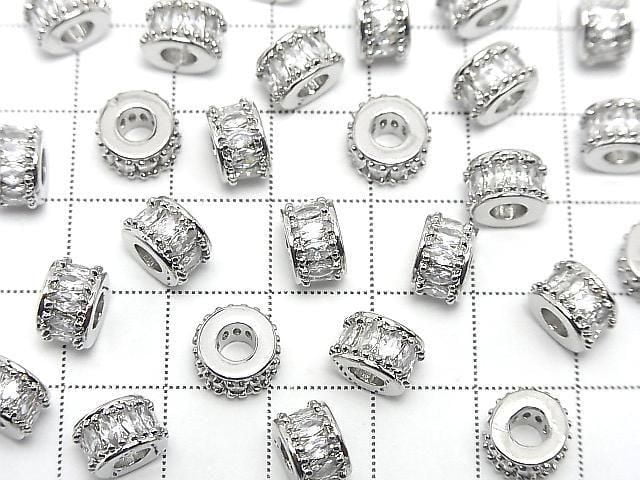 Metal Rondelle 8.5x8.5x5.5mm Silver (with CZ) 2pcs