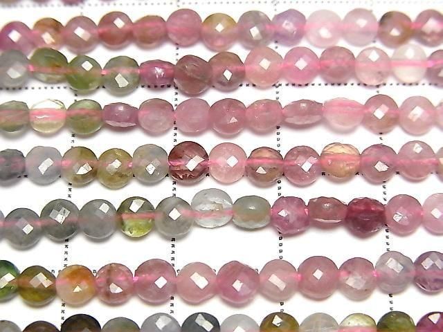 [Video] High Quality! Multicolor Tourmaline AA++ Faceted Coin 4x4x2mm Color Gradation Half or 1strand beads (approx. 15 inches/37 cm)