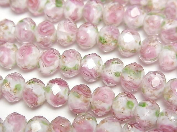 [Video] Lampwork Beads Faceted Button Rondelle 8x8x6mm Rose Pattern [Pink] Half or 1strand beads (approx. 11 inches/28 cm)