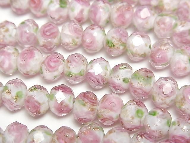 Perles Lampwork Facettées Bouton Rondelle 8x8x6mm Motif Rose [Rose] Demi ou 1 rang de perles (environ 28 cm)