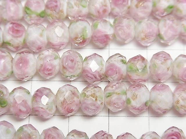 [Video] Lampwork Beads Faceted Button Rondelle 8x8x6mm Rose Pattern [Pink] Half or 1strand beads (approx. 11 inches/28 cm)