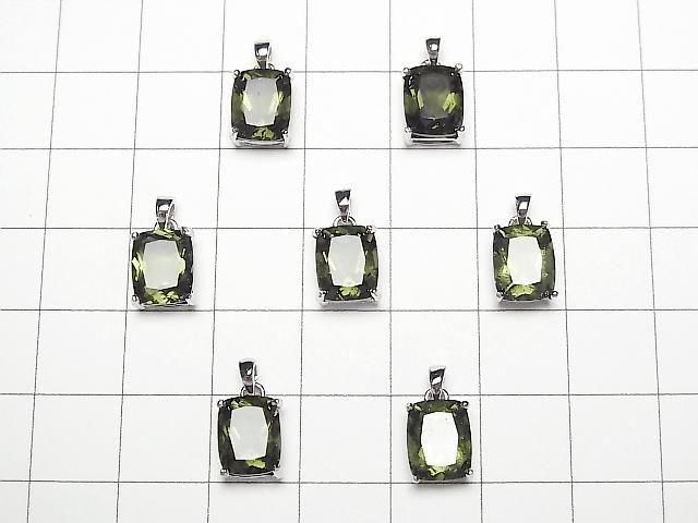 [Video] High Quality Moldavite AAA Rectangle Faceted 9x7mm Pendant Silver925 1pc
