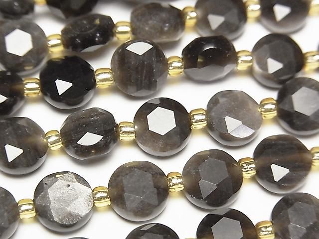 [Video] High Quality! Silver Obsidian AAA Hexagram Faceted Coin 8x8x5mm 1strand beads (approx. 15 inches/36 cm)