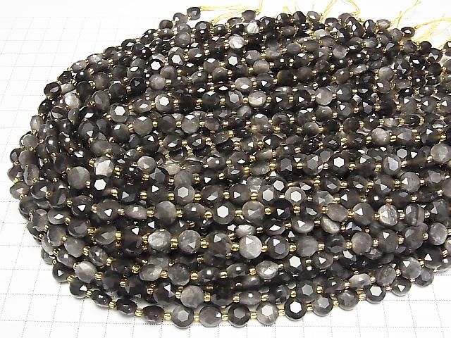 [Video] High Quality! Silver Obsidian AAA Hexagram Faceted Coin 8x8x5mm 1strand beads (approx. 15 inches/36 cm)