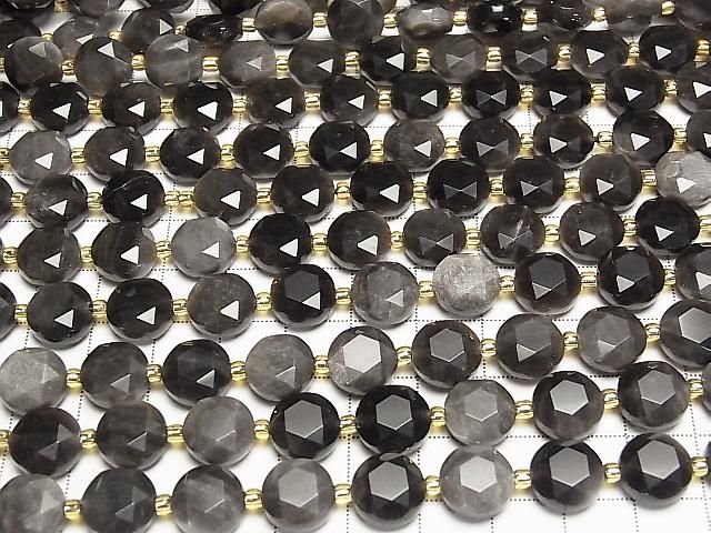 [Video] High Quality! Silver Obsidian AAA Hexagram Faceted Coin 10.5x10.5x5.5mm Half or 1strand beads (approx. 15 inches/36 cm)