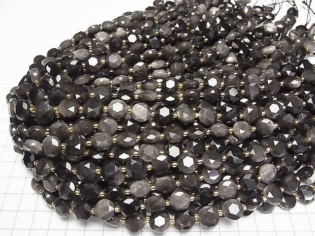 [Video] High Quality! Silver Obsidian AAA Hexagram Faceted Coin 10.5x10.5x5.5mm Half or 1strand beads (approx. 15 inches/36 cm)