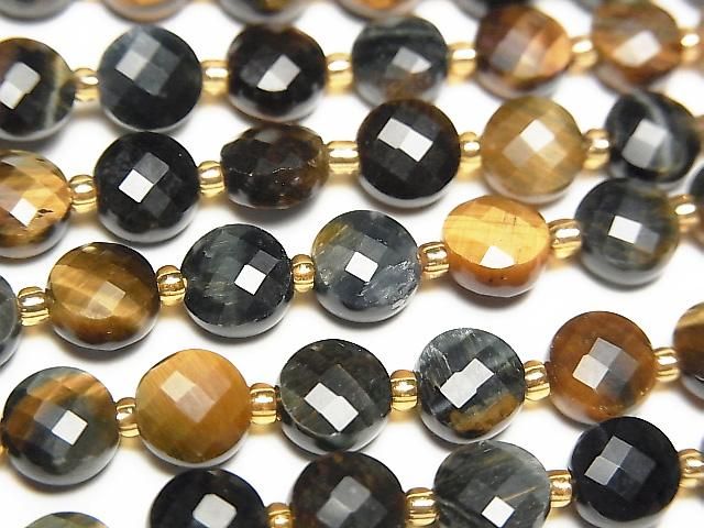 [Video] High Quality! Mixed Tiger's Eye AA++ Faceted Coin 6x6x4mm 1strand beads (approx. 15 inches/37 cm)