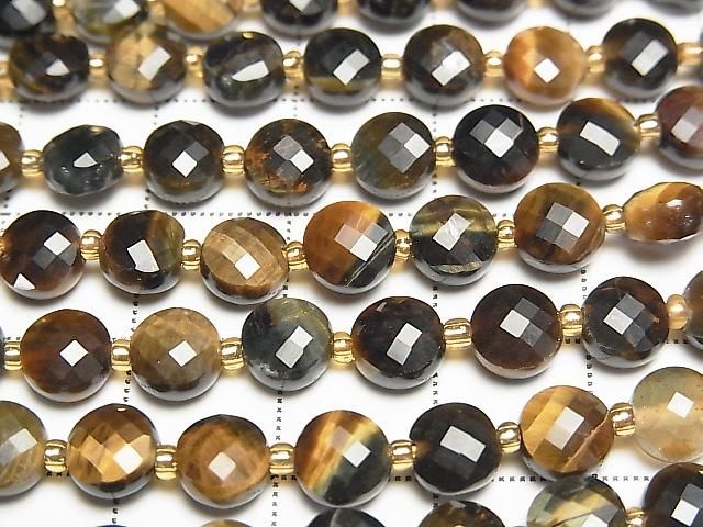 [Video] High Quality! Mixed Tiger's Eye AA++ Faceted Coin 6x6x4mm 1strand beads (approx. 15 inches/37 cm)