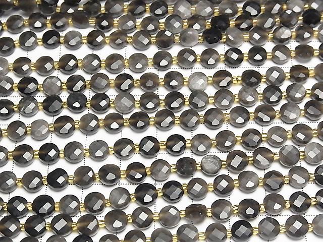 [Video] High Quality! Silver Obsidian AAA- Faceted Coin 6x6x4mm Half or 1strand beads (approx. 15 inches/37 cm)