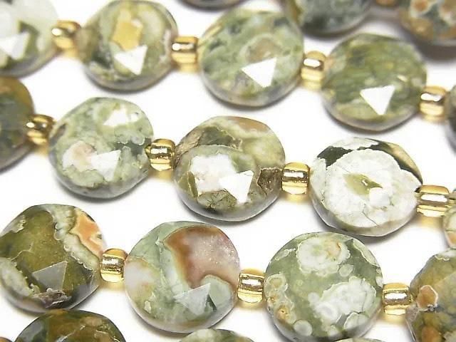 [Video] High Quality! Rainforest Rhyolite Hexagram Faceted Coin 10x10x5mm half or 1strand beads (aprx.15inch/36cm)