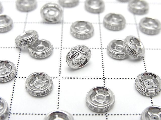 925純銀扁珠 6x6x2公釐(鑲嵌鋯石) 鍍銠 2顆