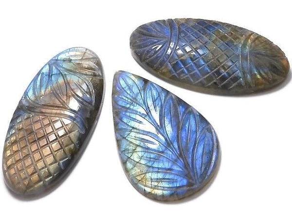 [Video][One of a kind] Rainbow Labradorite AAA- Carved Cabochon 3pcs Set No.74