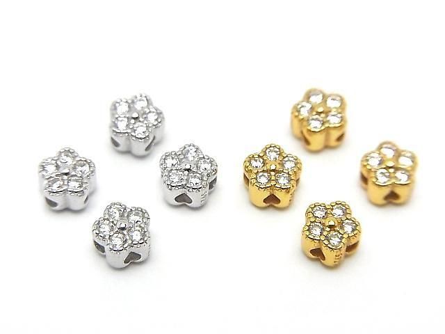 Silver 925 Flower Motif 4x4mm (with CZ) [Rhodium Plated] [18KGP] Drilled Hole 2pcs