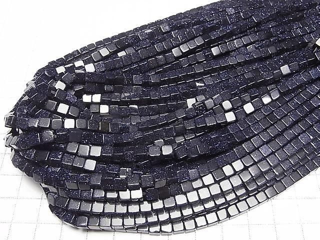 [Video] Blue Golden Sand Stone Cube 4x4x4mm 1strand beads (approx. 15 inches/36 cm)