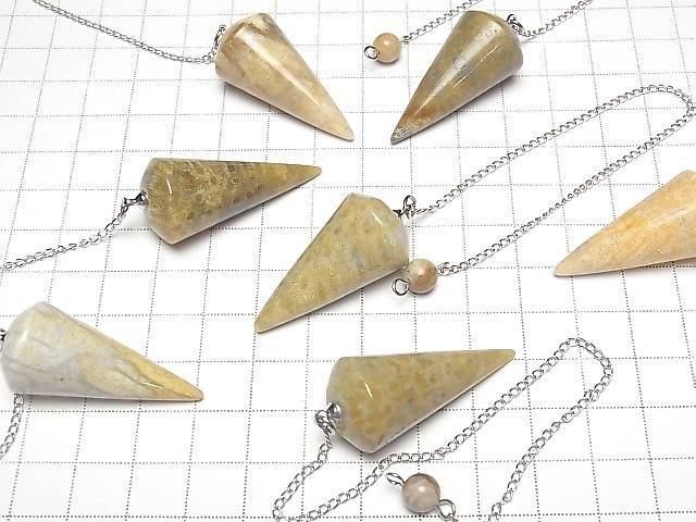 [Video] Fossil Coral Pendulum (Smooth) 36x18x18mm with Chain (1pc)