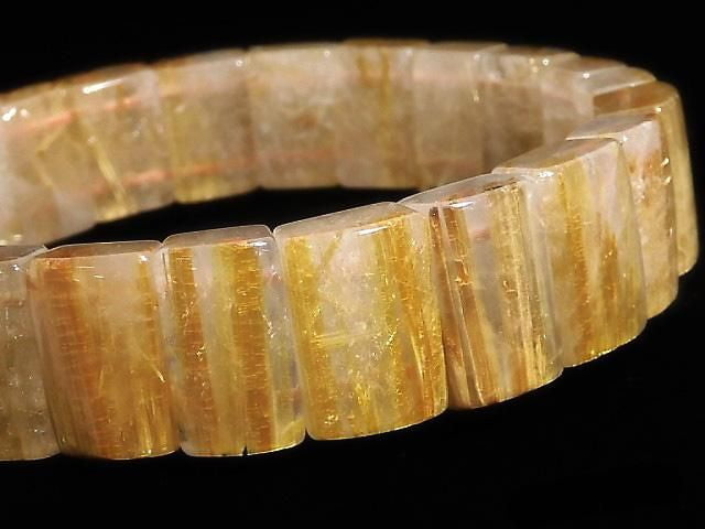 [Video][One of a kind] Golden Rutilated Quartz AAA- 2 Hole Rectangle 1strand (Bangle Bracelet) NO.5