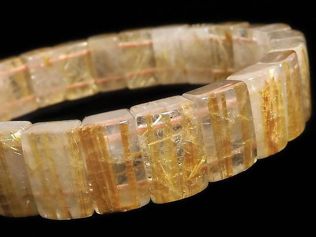 [Video][One of a kind] Golden Rutilated Quartz AAA- 2 Hole Rectangle 1strand (Bangle Bracelet) NO.6