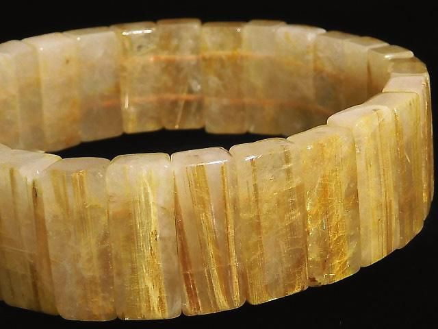 [Video][One of a kind] Golden Rutilated Quartz AAA- 2 Hole Rectangle 1strand (Bangle Bracelet) NO.9