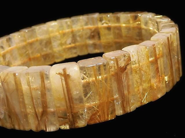 [Video][One of a kind] Golden Rutilated Quartz AAA- 2 Hole Rectangle 1strand (Bangle Bracelet) NO.10