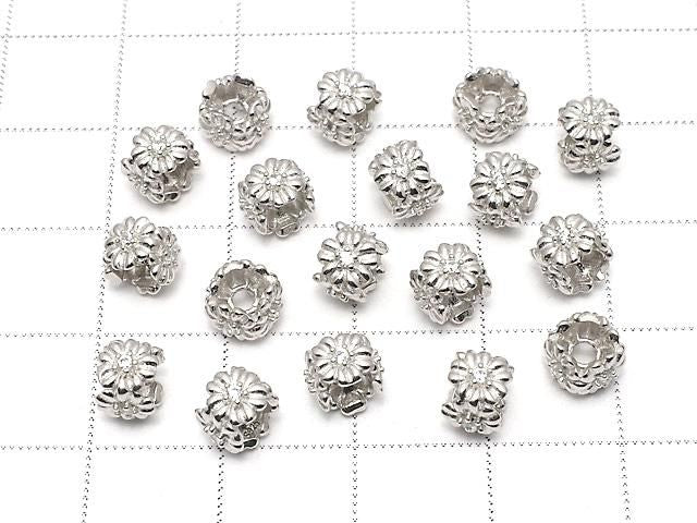Silver 925 Flower Rondelle 6x6x5mm (with CZ) Rhodium Plated 1pc