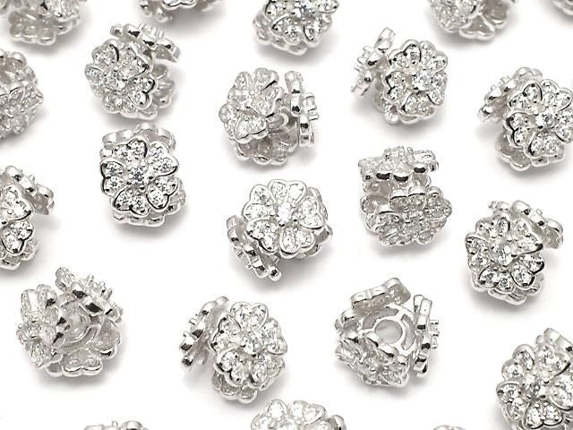 Silver 925 Flower Rondelle 7x7x6mm (with CZ) Rhodium Plated 1pc
