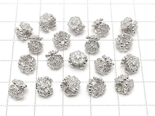 Silver 925 Flower Rondelle 7x7x6mm (with CZ) Rhodium Plated 1pc