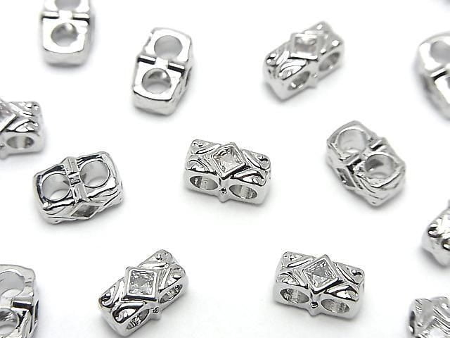 Metal parts Rectangle Rondelle 9.5x5x6mm [2-Hole] Silver Color (with CZ) 3pcs