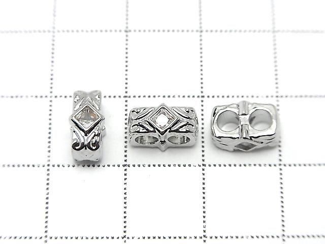 Metal parts Rectangle Rondelle 9.5x5x6mm [2-Hole] Silver Color (with CZ) 3pcs