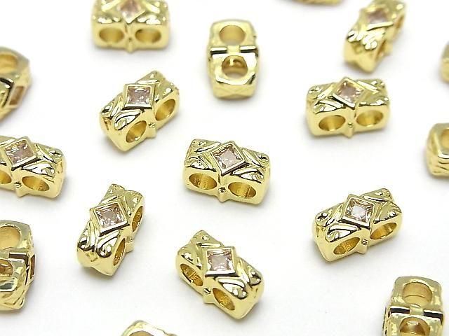 Metal parts Rectangle Rondelle 9.5x5x6mm [2-Hole] Gold Color (with CZ) 3pcs