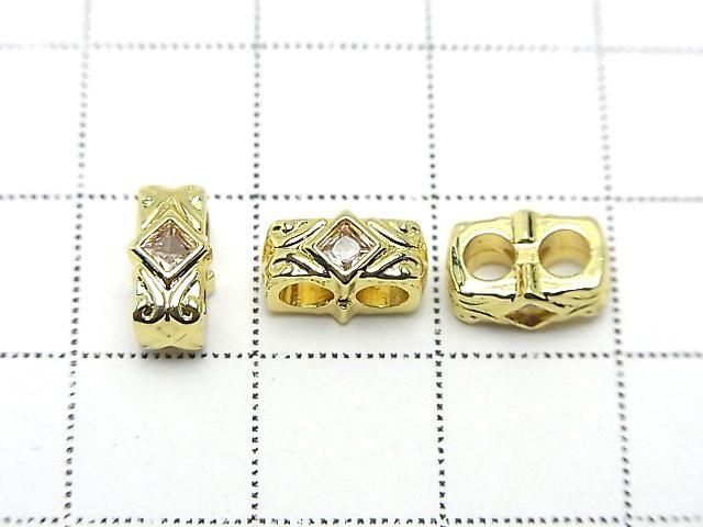 Metal parts Rectangle Rondelle 9.5x5x6mm [2-Hole] Gold Color (with CZ) 3pcs