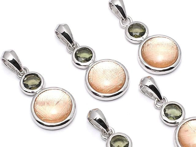 Meteorite & Moldavite 1-stone Coin Pendant 10mm Silver925 Pink Gold 1pc