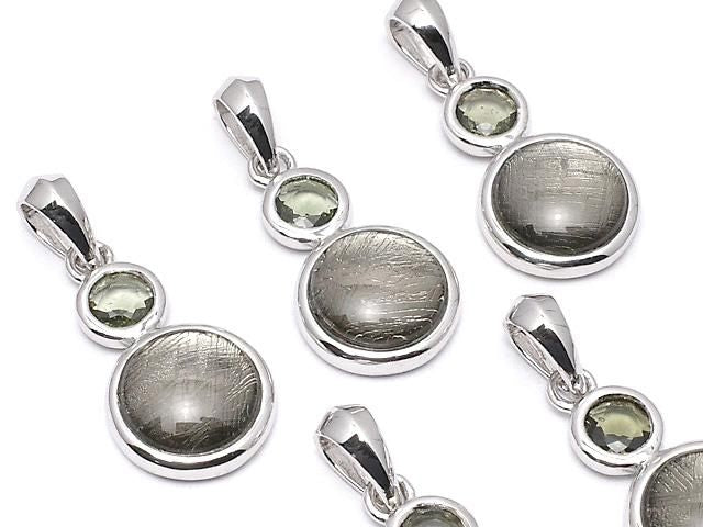 Meteorite & Moldavite 1-stone Coin Pendant 10mm Silver925 Black 1pc