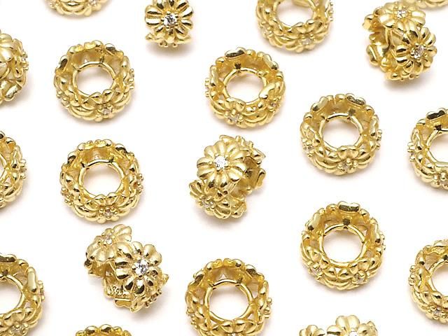 Silver925 Flower Rondelle (with CZ) 8x8x4.5mm 18KGP 1pc