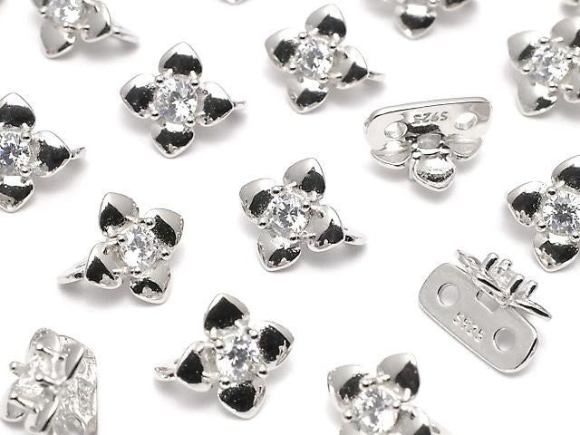 Silver 925 Joint Part Flower Motif (with CZ) 7x8x5.5mm Rhodium Plated 1pc