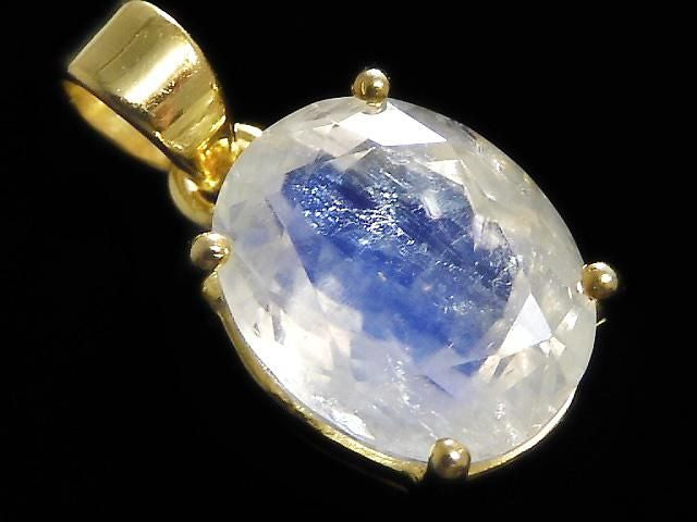 [Video][One of a kind] High Quality Rainbow Moonstone AAA Faceted Pendant 18KGP NO.88
