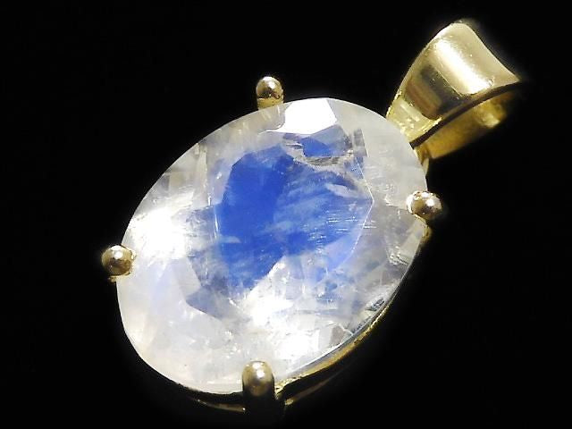 [Video][One of a kind] High Quality Rainbow Moonstone AAA Faceted Pendant 18KGP NO.89