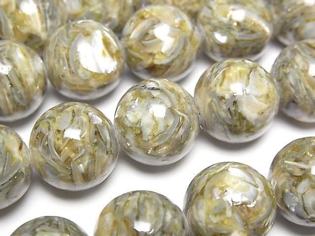 Mosaic Shell Round 14mm Green Half or 1strand beads (approx. 15 inches/36 cm)