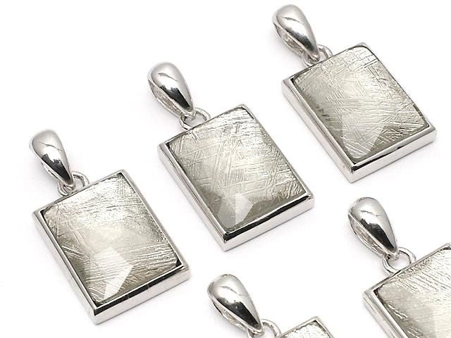 [Video] Meteorite (Muonionalusta) Faceted Rectangle Pendant 13x10mm Silver925