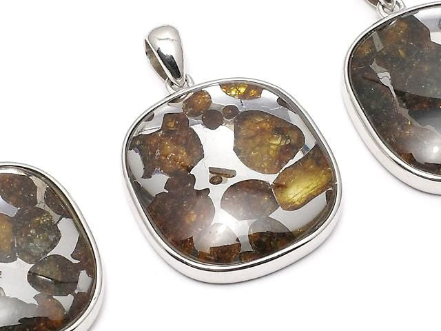 Kenyan Sericho Pallasite Meteorite Rectangle Pendant 26x24mm Silver925
