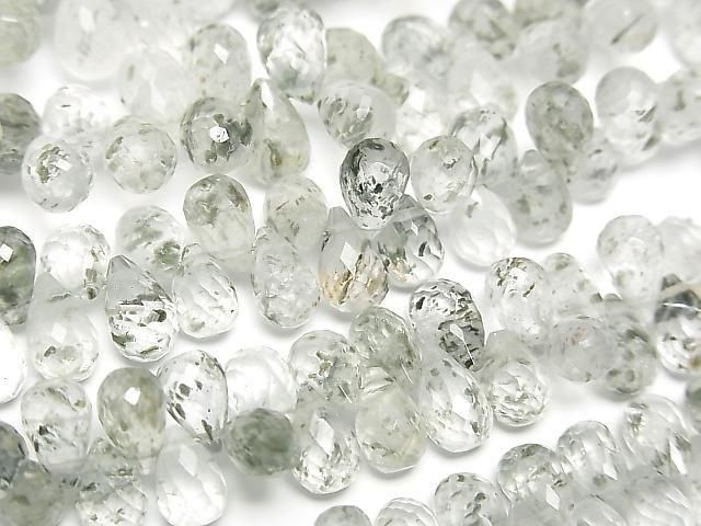 Green mica in quartz drop-faced briolette half or 1strand beads (approx. 6 inches/16 cm)