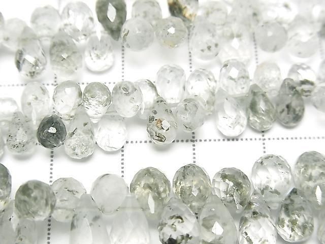 Green mica in quartz drop-faced briolette half or 1strand beads (approx. 6 inches/16 cm)