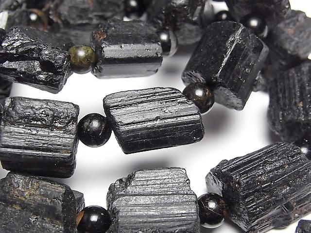 Black Tourmaline Rough Rock Nugget [M-L size] 1strand beads (Bracelet)