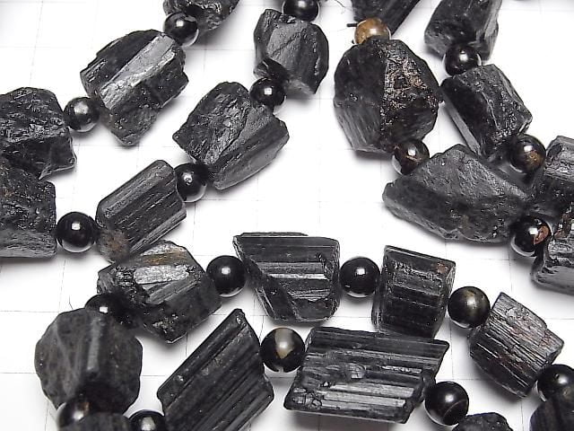 Black Tourmaline Rough Rock Nugget [M-L size] 1strand beads (Bracelet)